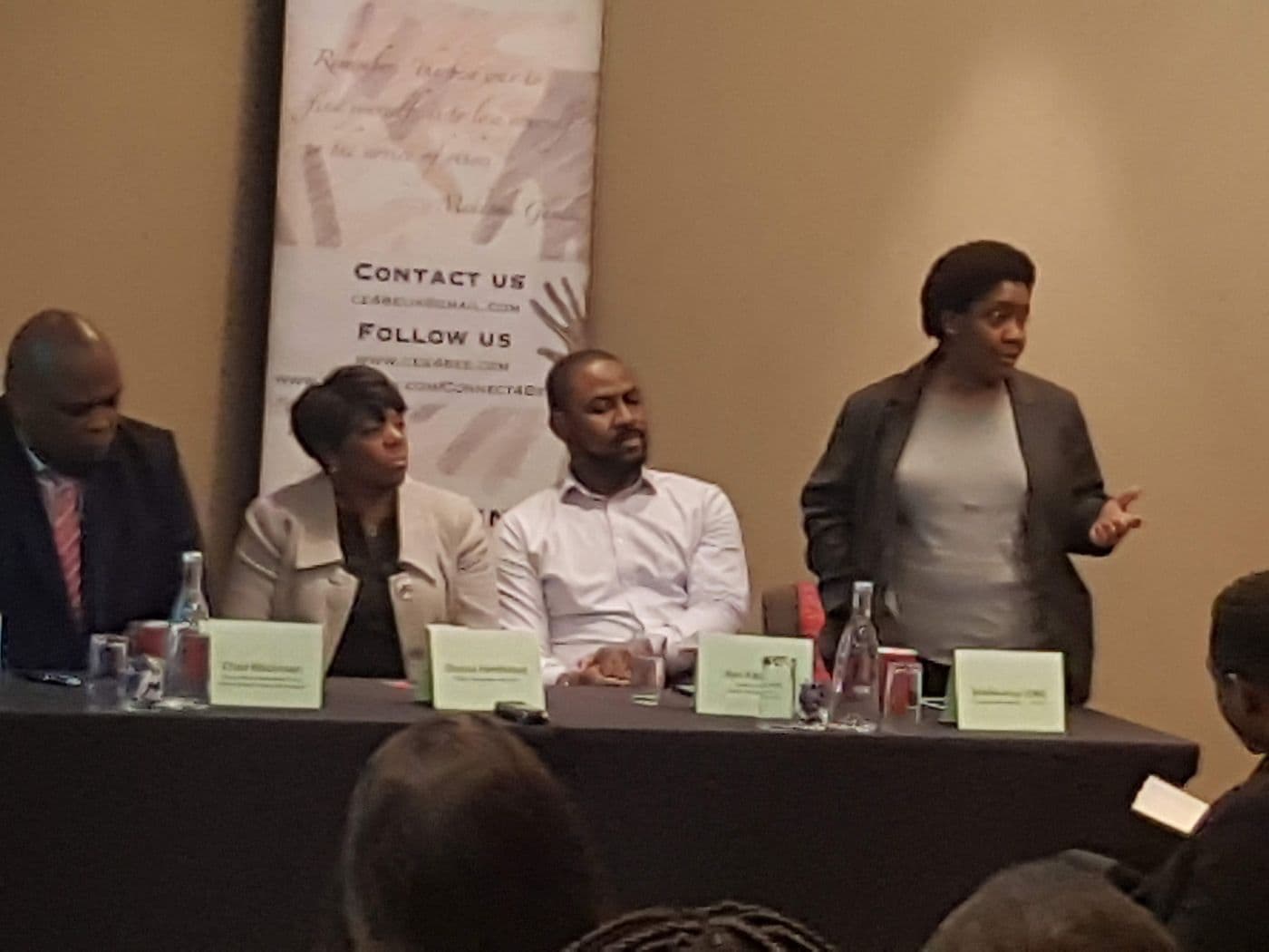 The panel seated behind the table during the discussion