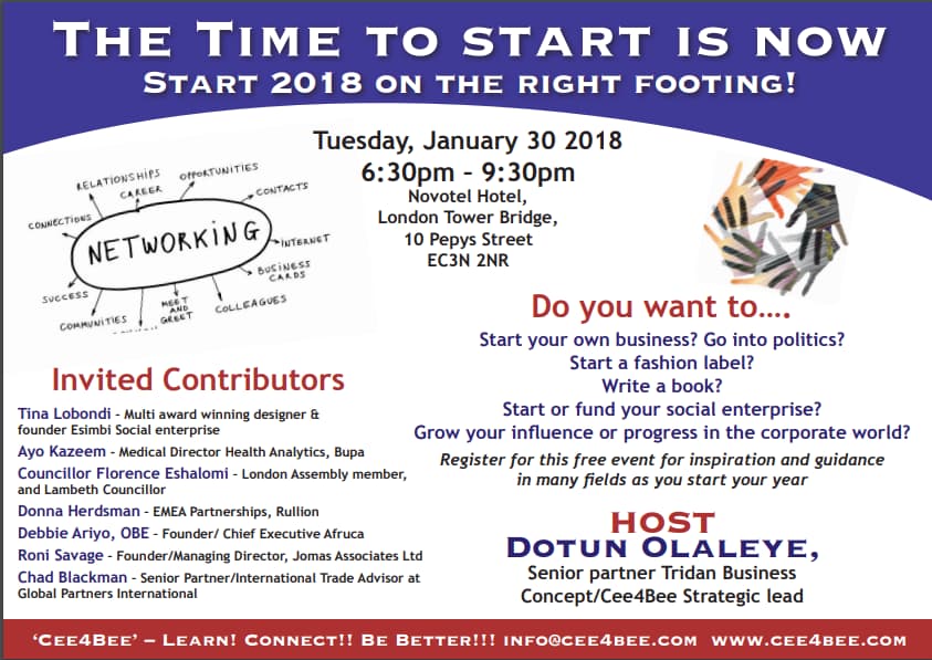 The Time to Start is Now leaflet: Tuesday 30 January 2018, Novotel Hotel London Tower Bridge, hosted by Dotun Olaleye