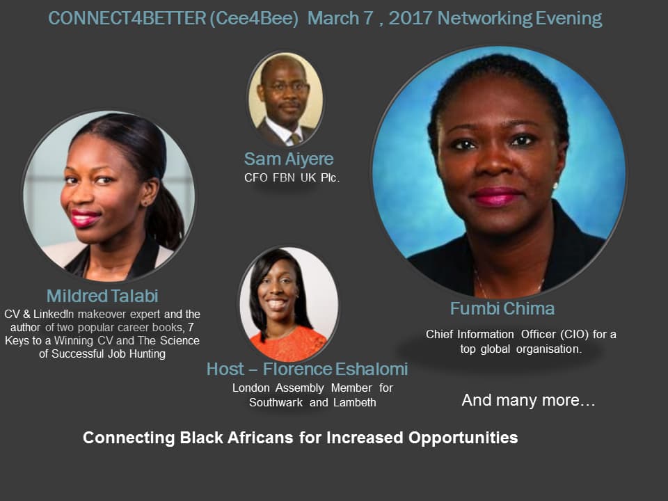 The March 2017 networking evening leaflet, listing Mildred Talabi, Sam Aiyere and Fumbi Chima as speakers, hosted by Florence Eshalomi