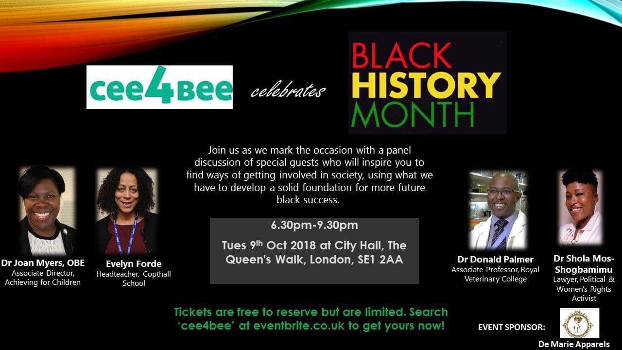 The Black History Month leaflet: a Cee4Bee panel on Tuesday 9 October 2018 at City Hall, The Queen’s Walk, London SE1 2AA