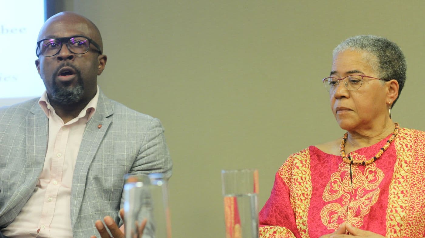 Two speakers in conversation on the panel
